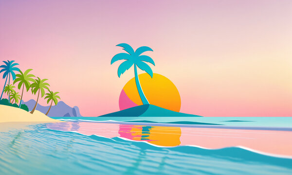 a stylized tropical beach landscape with palm trees on an island a large round yellow sun and colorful ocean waves under a bright pastel sunset sky