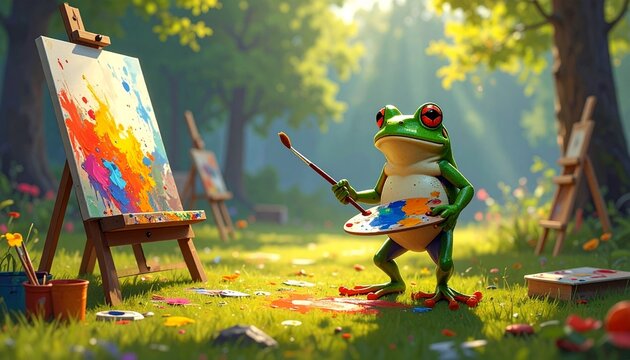 Colorful hand-drawn frog illustration on white background with artistic details