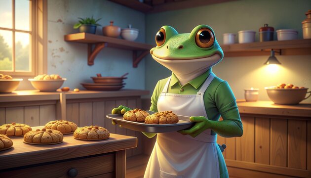 Anthropomorphic Frog Baker Holding a Tray of Freshly Baked Pastries
