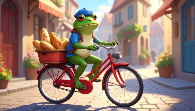 Anthropomorphic Frog Delivering Bread on a Bicycle in a European Village