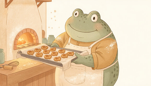 Cute Baker Frog Character Illustration Baking Cookies in a Kitchen