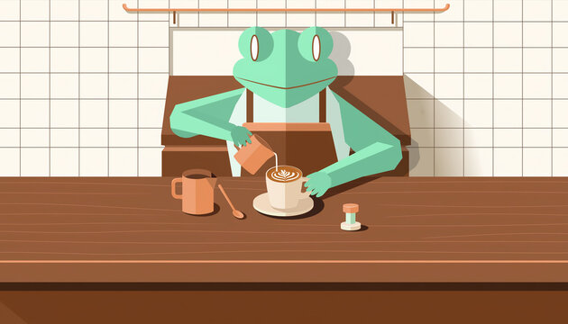 Flat Vector Illustration of a Frog Barista Preparing Coffee