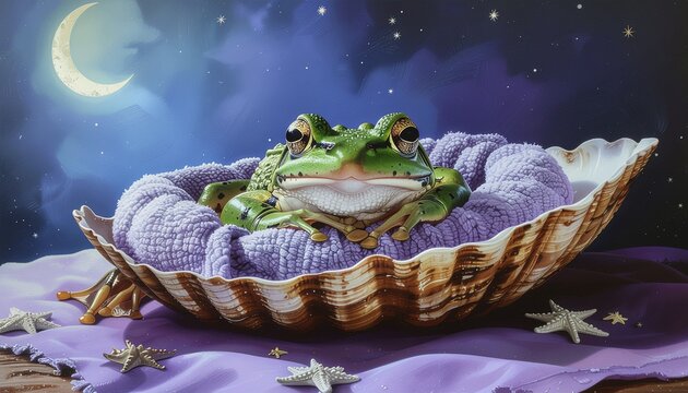 Colorful illustrated frog character sitting on a lily pad at night