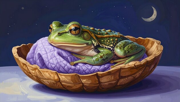 Colorful illustrated frog character on a leaf in a whimsical nature scene