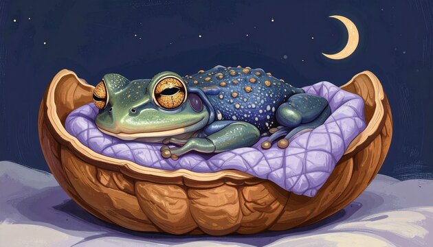 Colorful illustrated frog character on a leaf with soft lighting design
