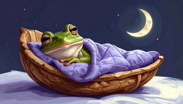 Cute Frog Sleeping in a Walnut Shell Bed Under a Crescent Moon
