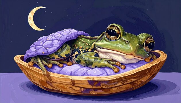 Illustration of a cute green frog sleeping in a wooden bowl at night
