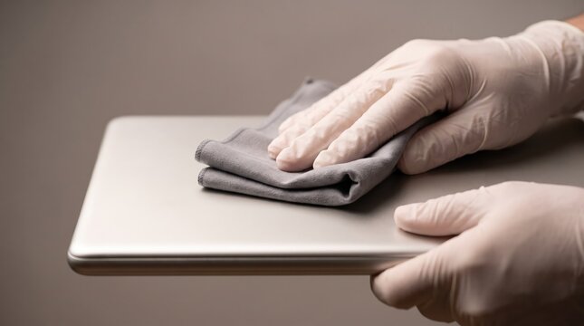 Close-up of hands cleaning laptop surface
