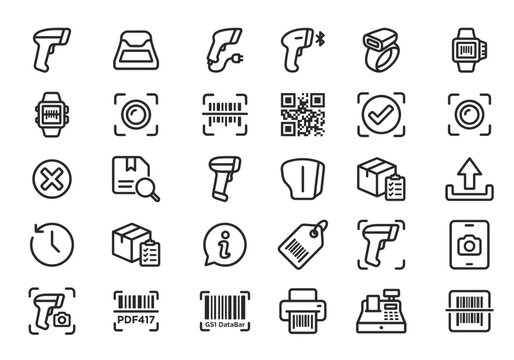 Set of thin line icons representing barcode scanners qr codes inventory management and retail technology solutions
