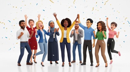 Obraz premium Diverse group of people celebrating success with confetti falling around them