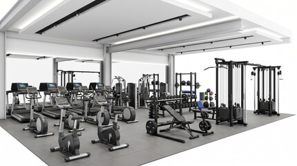 Fototapeta premium Modern Gym Interior with Cardio Machines Weightlifting Equipment and Strength Training Stations