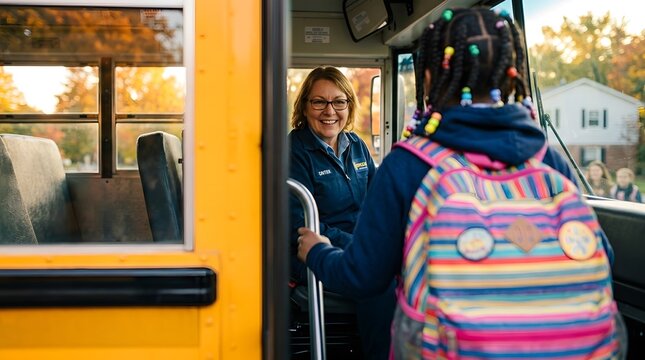 Children board a school bus with a driver and colorful backpack in a suburban area during daylight