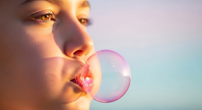 person blowing a bubble with pink chewing gum