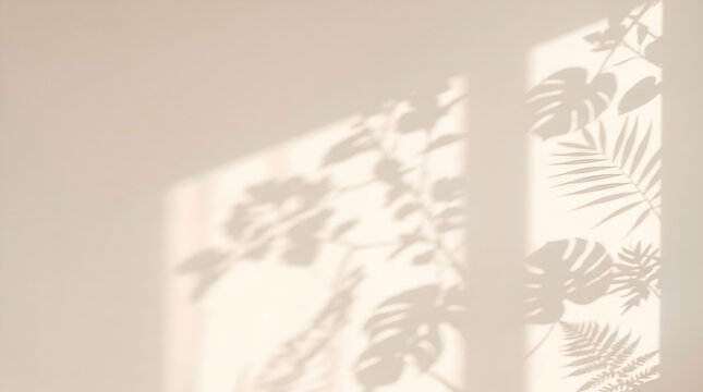 Quiet dance of natural light gently descending, casting captivating tropical plant leaf shadows on a warm wall, creating a serene and introspective ambiance for peaceful interiors