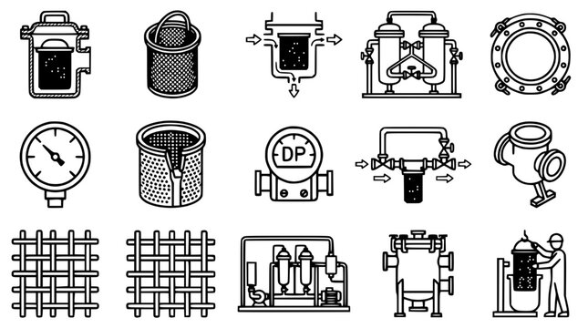 Industrial Filtration System Icons: Filters, Gauges, and Strainers