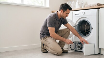 Fototapeta premium Washing machine repair technician inspecting drain filter during home appliance maintenance service in modern laundry room
