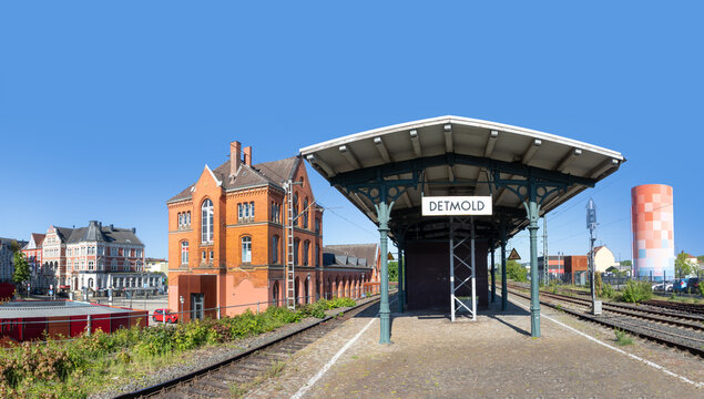 train station Detmold with platform and historic building