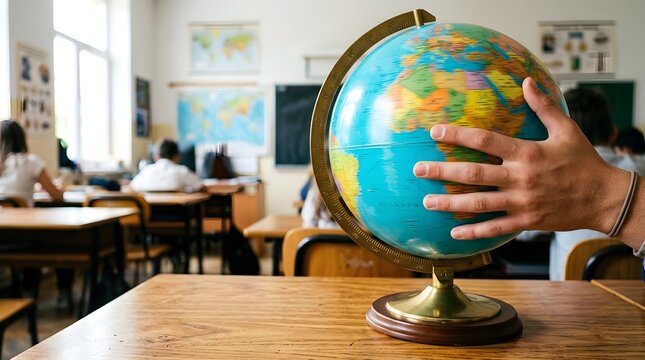 Classroom scene with spinning globe on desk and students in background during learning activity
