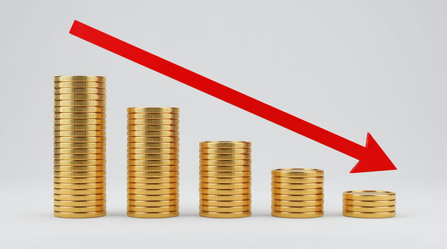 Economic Downturn: A visual representation of financial decline, with stacks of gold coins diminishing in size and a stark red arrow pointing downwards, symbolizing a recession or market crash.