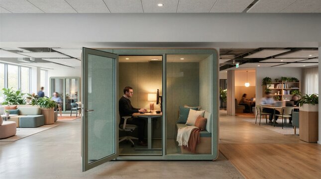 Glass-enclosed office pod in open plan workspace