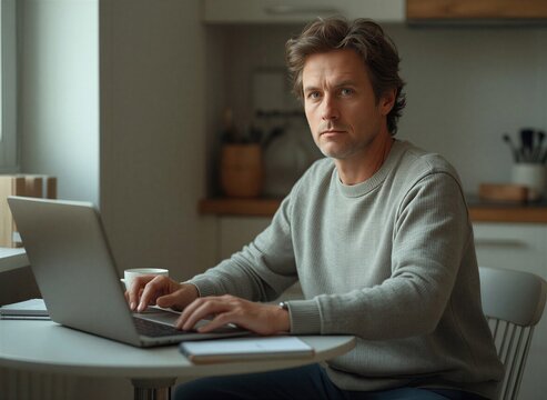Man working at home kitchen, typing on laptop, focused and serious