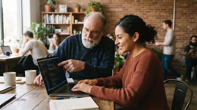 Two people working together on a laptop