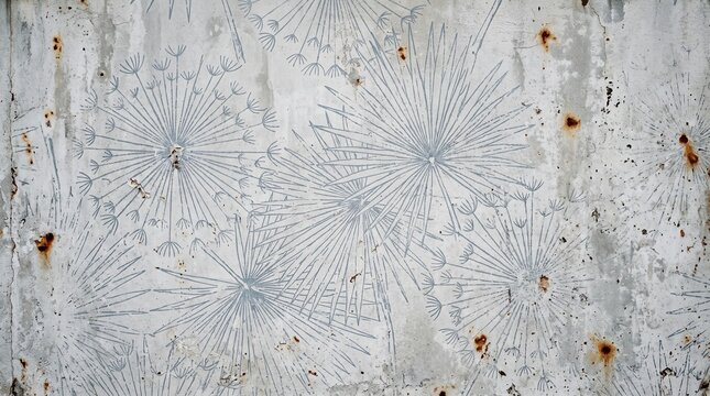 Dandelion Pattern on Distressed White Metal Wall Surface