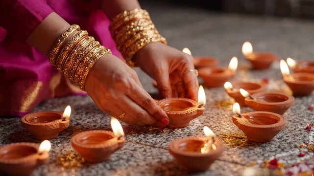 Woman arranging clay oil lamps for diwali festival celebration