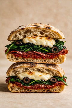 Gourmet ciabatta sandwich with melted mozzarella and salami, toasted italian panini with spinach and olives, rustic deli food