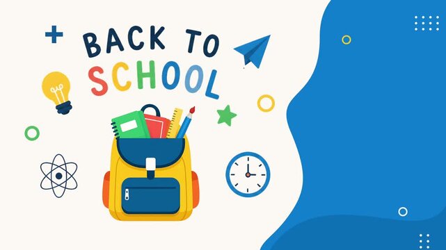 Back to School Animation with Backpack, Books and Colorful Educational Icons on Blue Background, School Motion Graphic Video