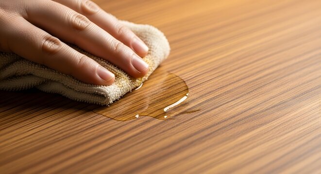 Close-Up Hand Applying Natural Oil to Wooden Grain for Deep Nourishment, Rich Texture, and Long-Lasting Surface Protection