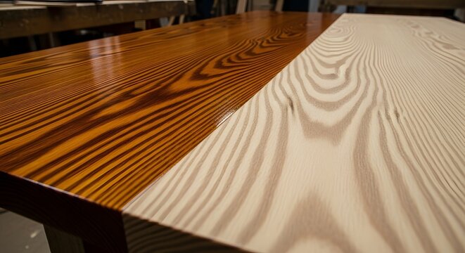 Wood Finishing Comparison: Stained glossy wood next to natural untreated timber surface