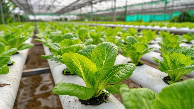 Fresh organic green cos lettuce growing in hydroponic pipe system inside modern greenhouse farm.