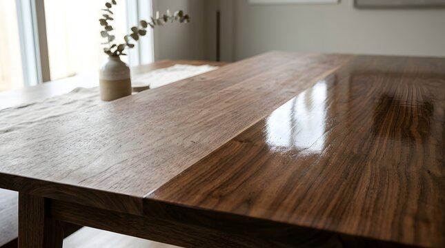 Sleek wooden dining table with contrasting glossy and matte finishes, modern interior design