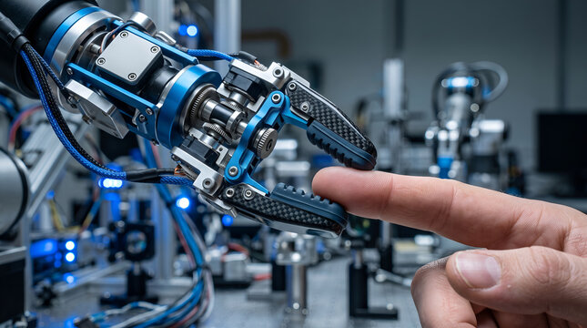 Robotic gripper touching a human finger in a high tech engineering laboratory showing human robot collaboration and advanced technology