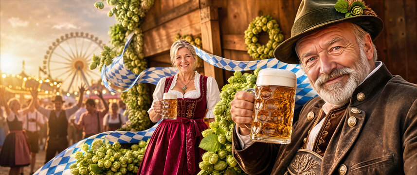 Smiling older Bavarian man and woman in dirndl holding beer steins at outdoor Oktoberfest fairground. German couple celebrating festival with hops garland, checkered ribbon and ferris wheel