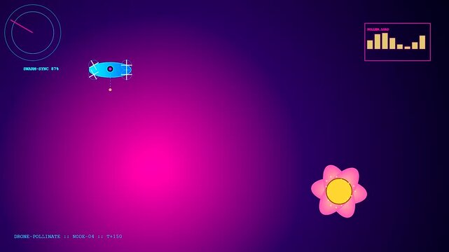 Drone pollination system hovers above a vibrant pink flower with glowing interface displays tracking the progress of the autonomous botanical restoration process across this digital landscape