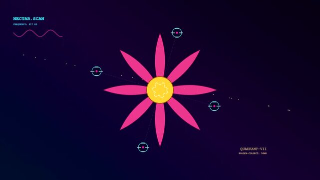 Digital drone pollination tracking features a stylized floral blossom with target reticles scanning nectar levels on a dark purple screen display for advanced agricultural data analysis