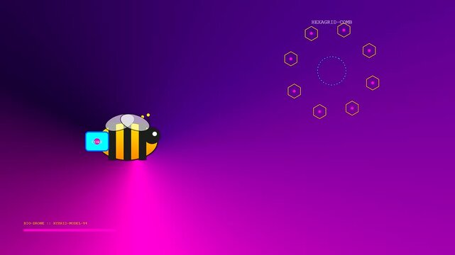 A miniature drone pollination robot travels past glowing geometric icons while maintaining a flight path across this vibrant gradient digital field of pink and purple