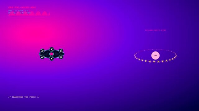 Drone pollination system displays rotating glowing circular rings surrounding a central core orb featuring pulsing light sequences set against a deep vibrant violet purple gradient field
