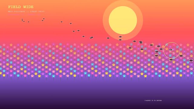 Drone pollination is simulated as miniature mechanical bees swarm across an abstract field of vibrant flowers under a radiant glowing sun at sunset horizon