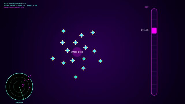 Drone pollination swarm moving across a digital interface while active sensor grids monitor position altitude and environmental coordinates during a simulated automated flight mission cycle