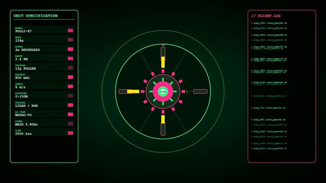 Drone pollination analytics shown on a neon green digital interface monitoring flight logs and unit specification data streams for automated precision agricultural robotic mapping systems