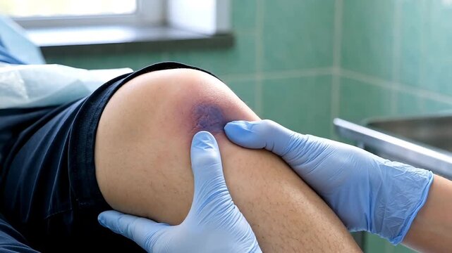 Doctor in medical gloves examining patient bruised knee in clinical office