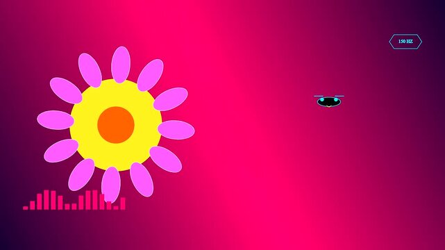 Drone pollination depicted as a vibrant graphic animation featuring a small mechanical device flying around a stylized floral object with fluctuating frequency audio bars underneath