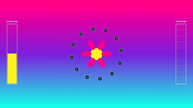 Innovative drone pollination systems display digital metrics showing pollen tank levels and flow meter status inside a glowing neon gradient user interface graphic monitor display screen