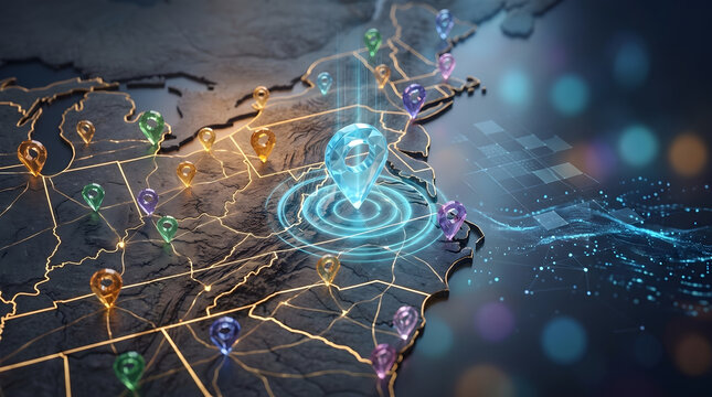 Advanced geospatial platform visualizing digital maps, location data, network connections, and global analytics, smart technology, mapping innovation, and spatial intelligence.