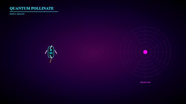 Drone pollination simulations showing a rotating scanning sensor in deep space tracking a glowing pink orb on a grid field with purple digital atmospheric lighting