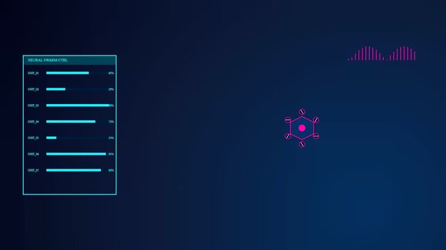 Neon hexagonal data interface visualizing drone pollination telemetry across a dark void while floating status bars update in real time with synchronized pulses of light