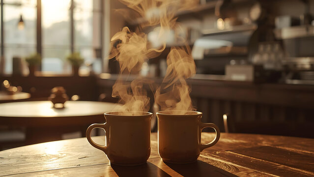 Two steaming coffee cups on a rustic wooden table in a cozy cafe, warm light.